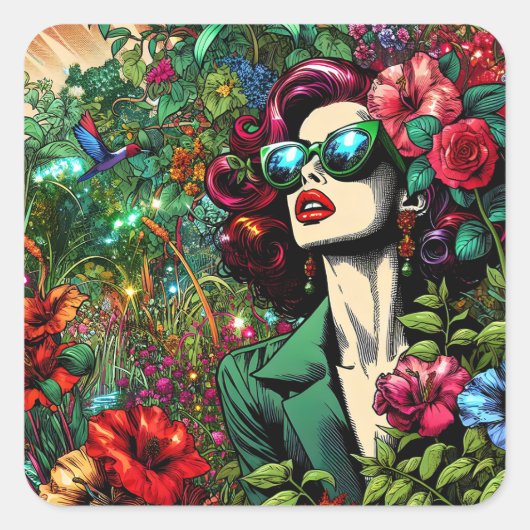 Schöne Frau im Garten von Blume Quadratischer Aufkleber (Vorderseite)