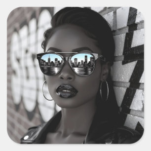 Schöne Frau in der Stadt mit Sonnenbrille Quadratischer Aufkleber