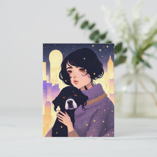 Schöne Frau in einem Pullover & einem Hund, Postkr Postkarte (Stehend Vorderseite)