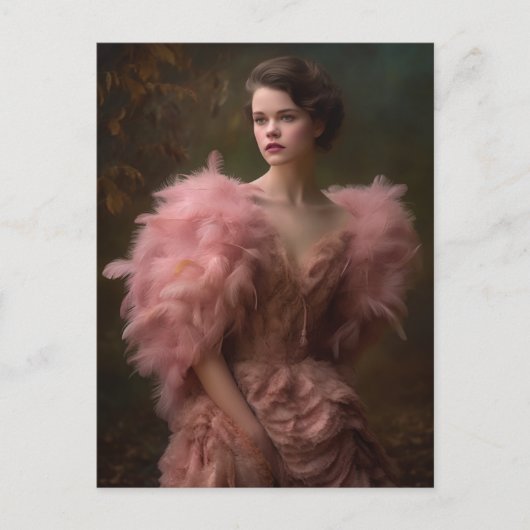 Schöne Frau in einem rosa Feather Dress Postkarte (Vorderseite)