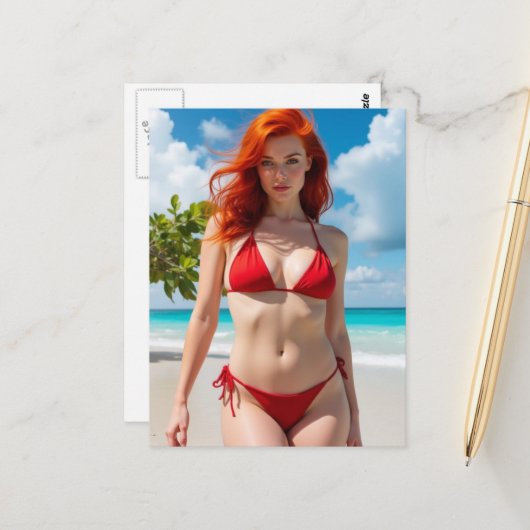 Schöne Frau in einem roten Bikini  Postkarte (Vorderseite/Rückseite Beispiel)