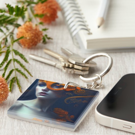 Schöne Frau in Orange AI Generierte Kunst Schlüsselanhänger (Vorderseite rechts)