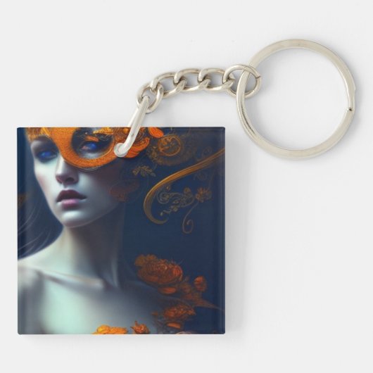 Schöne Frau in Orange AI Generierte Kunst Schlüsselanhänger (Rückseite)