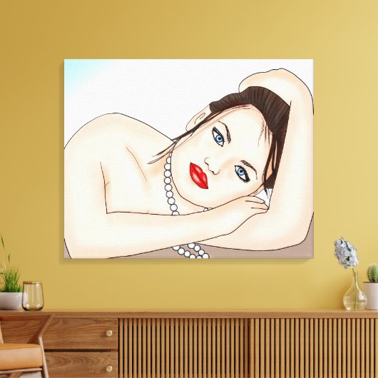 Schöne Frau in Perlen mit blauen Augen Leinwanddruck (Insitu (Wohnzimmer))
