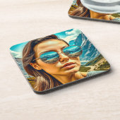 Schöne Frau in Sonnenbrille Reflectoine Getränkeuntersetzer (Linke Seite)