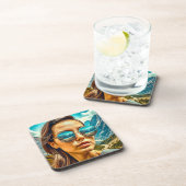 Schöne Frau in Sonnenbrille Reflectoine Getränkeuntersetzer (Rechte Seite)