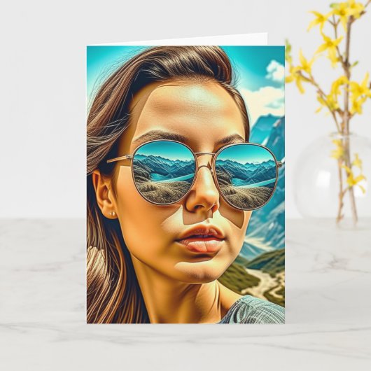 Schöne Frau in Sonnenbrille Reflectoine Karte (Gelbe Blume)
