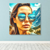 Schöne Frau in Sonnenbrille Reflectoine Leinwanddruck (Insitu (Holzboden))