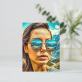 Schöne Frau in Sonnenbrille Reflectoine Postkarte (Stehend Vorderseite)