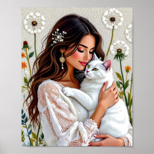 Schöne Frau, Katze und Löwenzahn Poster