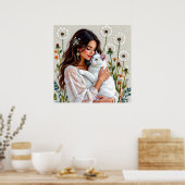 Schöne Frau, Katze und Löwenzahn Poster (Küche)