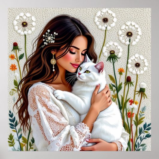Schöne Frau, Katze und Löwenzahn Poster (Vorne)
