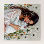 Schöne Frau, Katze und Löwenzahn Puzzle (Horizontal)