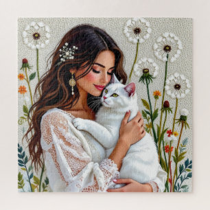 Schöne Frau, Katze und Löwenzahn Puzzle