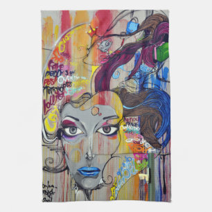 Schöne Frau mit blauen LippenGraffiti Geschirrtuch
