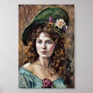 Schöne Frau mit Blumenhut Pastellkunstzeichnung Poster