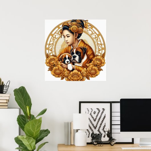 Schöne Frau mit Boxer Mama & Pup Poster (Heimbüro)