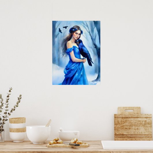 Schöne Frau mit einem Raben in einem Schneewald Poster (Küche)
