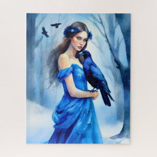 Schöne Frau mit einem Raben in einem Schneewald Puzzle