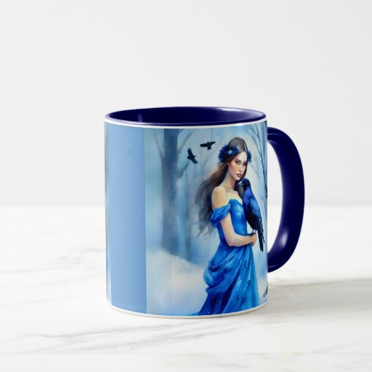 Schöne Frau mit einem Raben in einem Schneewald Tasse (VorderseiteRechts)