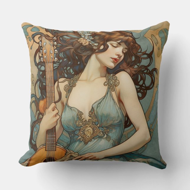 Schöne Frau mit Gitarre Jugendstil-Kissen Kissen (Vorderseite)
