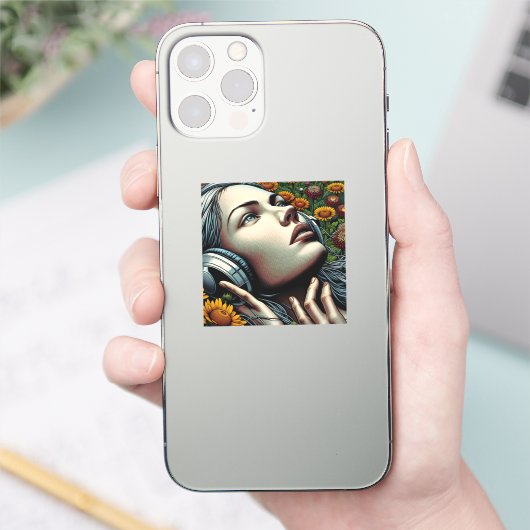 Schöne Frau mit Kopfhörern in Sonnenblumen Aufkleber (Telefon)