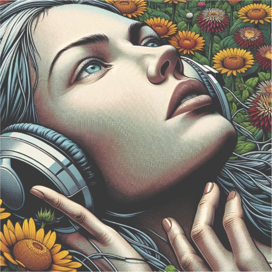 Schöne Frau mit Kopfhörern in Sonnenblumen Aufkleber (Vorderseite)