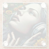 Schöne Frau mit Kopfhörern in Sonnenblumen Glasuntersetzer (Rückseite)