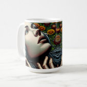 Schöne Frau mit Kopfhörern in Sonnenblumen Kaffeetasse (Vorderseite Links)