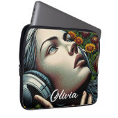 Schöne Frau mit Kopfhörern in Sonnenblumen Laptopschutzhülle (Vorne Rechts)