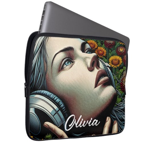 Schöne Frau mit Kopfhörern in Sonnenblumen Laptopschutzhülle (Vorne Rechts)