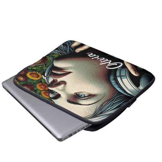 Schöne Frau mit Kopfhörern in Sonnenblumen Laptopschutzhülle (Vorne Knopf)