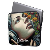 Schöne Frau mit Kopfhörern in Sonnenblumen Laptopschutzhülle (Vorderseite Links)