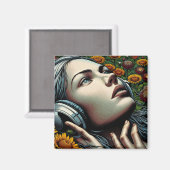 Schöne Frau mit Kopfhörern in Sonnenblumen Magnet (Vorderseite/Rückseite)