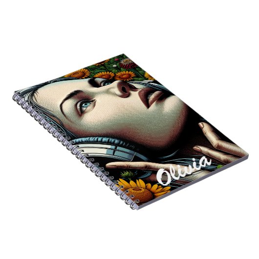 Schöne Frau mit Kopfhörern in Sonnenblumen Notizblock (Rechte Seite)