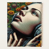 Schöne Frau mit Kopfhörern in Sonnenblumen Planer (Rückseite)