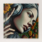 Schöne Frau mit Kopfhörern in Sonnenblumen Puzzle (Horizontal)