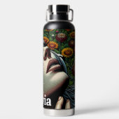 Schöne Frau mit Kopfhörern in Sonnenblumen Trinkflasche (Rückseite)