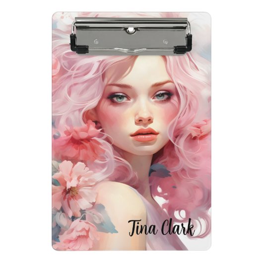 Schöne Frau mit rosa Haar und rosa Kleid Mini Klemmbrett (Vorderseite)