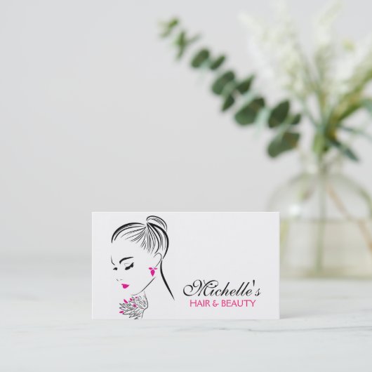 Schöne Frau mit rosa Ohrringe und Branding Visitenkarte (Stehend Vorderseite)