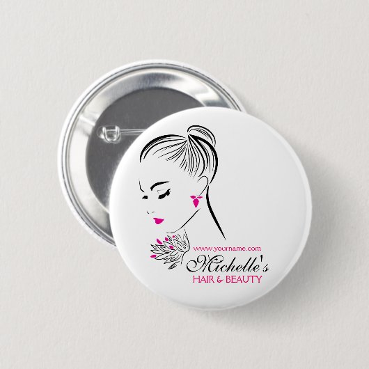 Schöne Frau mit rosa Ohrringen und Branding Button (Vorne & Hinten)
