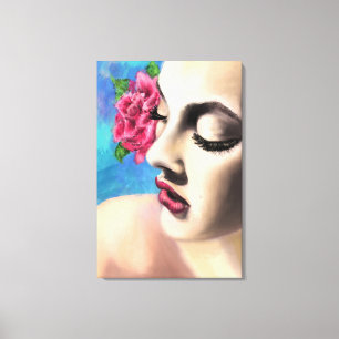 Schöne Frau mit Rote Rose Canvas Print - Malerei Leinwanddruck