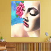Schöne Frau mit Rote Rose Canvas Print - Malerei Leinwanddruck (Insitu (Wohnzimmer))