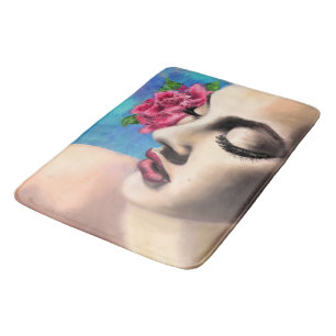 Schöne Frau mit Rote Rose - Originelle Malerei Badematte