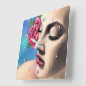 Schöne Frau mit Rote Rose - Originelle Malerei Quadratische Wanduhr (Winkel)