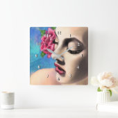 Schöne Frau mit Rote Rose - Originelle Malerei Quadratische Wanduhr (Zuhause)