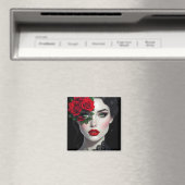 Schöne Frau mit roter Rose Magnet (In Situ (Geschirrspüler))