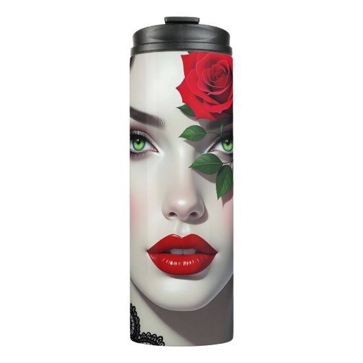 Schöne Frau mit roter Rose Thermosbecher (Vorderseite)