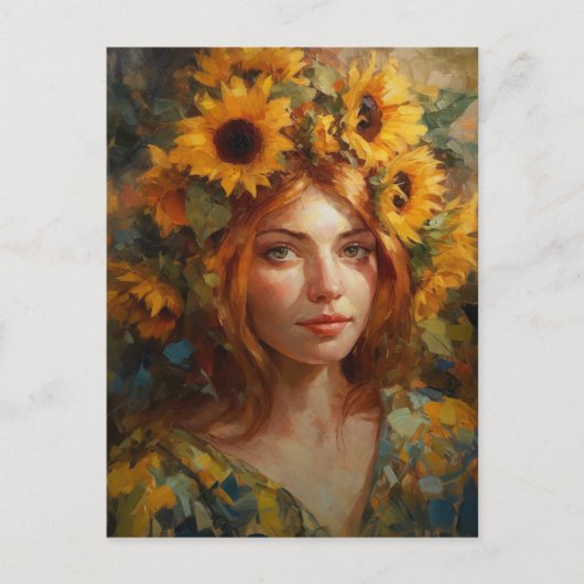 Schöne Frau mit Sonnenblumen Postkarte (Vorderseite)