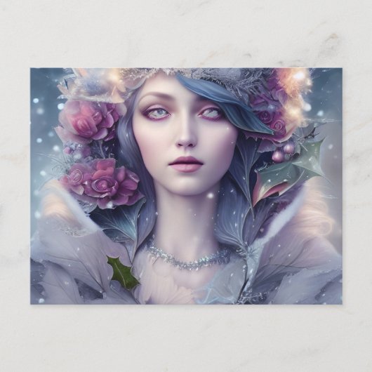 Schöne Frau mit Winterblumen und Schnee  Postkarte (Vorderseite)